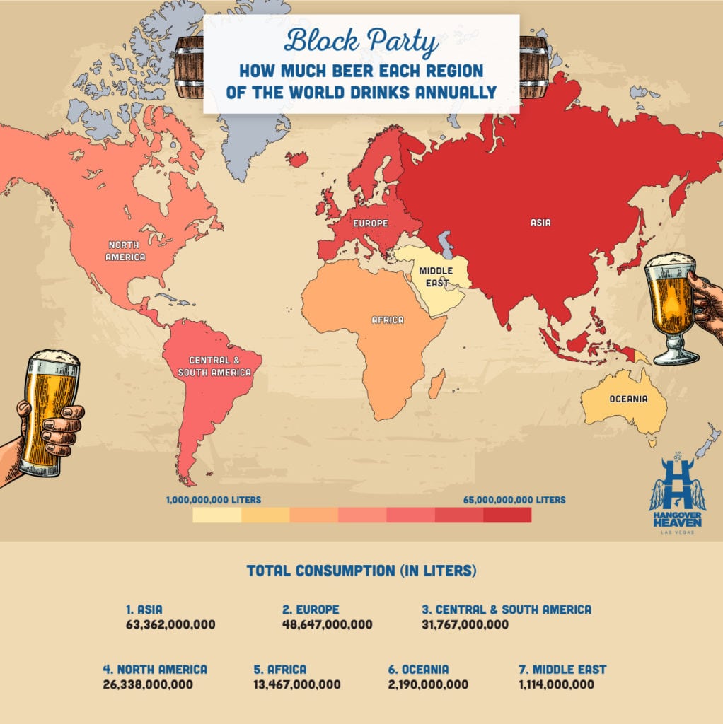 A map showing how much beer each region of the world drinks annually