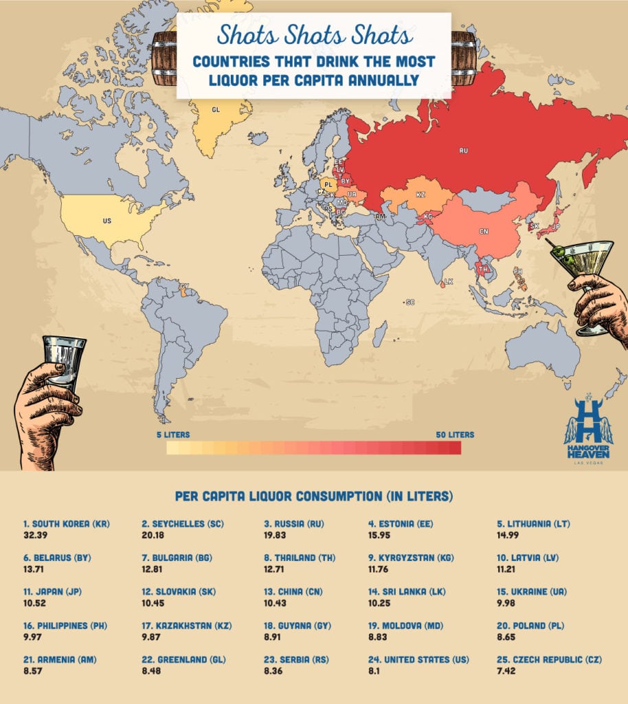 A map showing countries that drink the most liquor per capita annually.